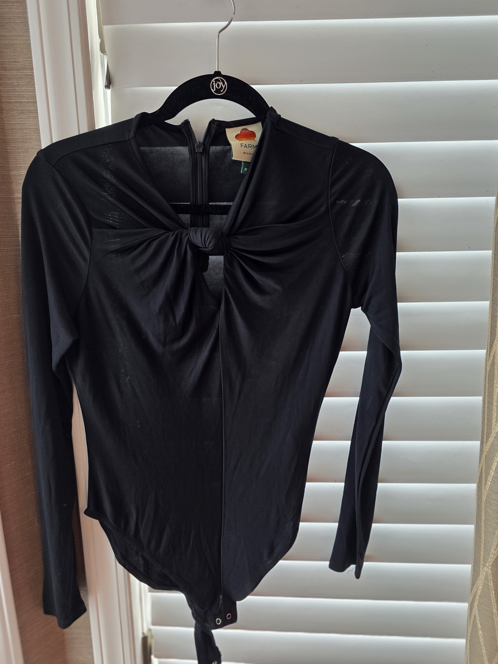FARM Rio Black Long-Sleeve Knot-Front Bodysuit with Keyhole